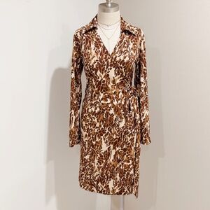 Express Women's Brown Leopard Print Long Sleeve Knee-length Wrap Dress Size 5/6